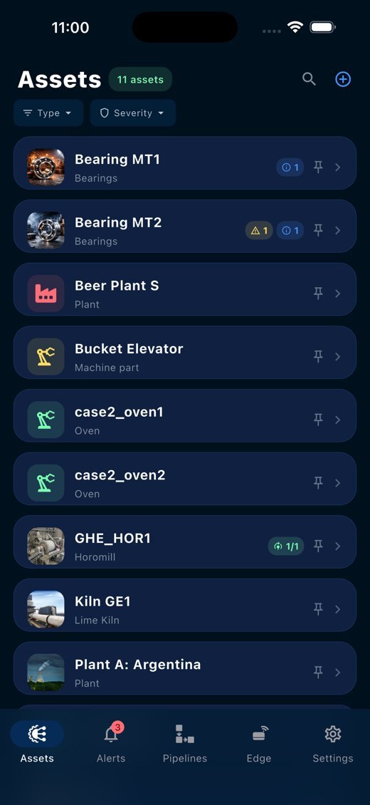 Wizata mobile app asset list with plants, ovens, a horomill and a lime kiln, with alert counts