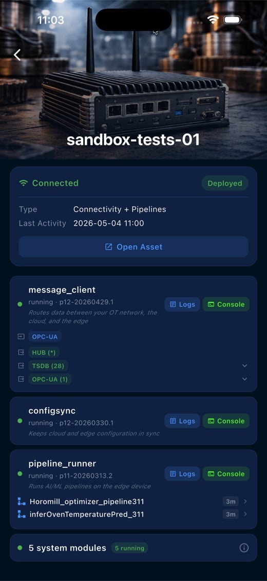 Wizata mobile app showing an edge device: connected, with its message client, config sync and pipeline runner running
