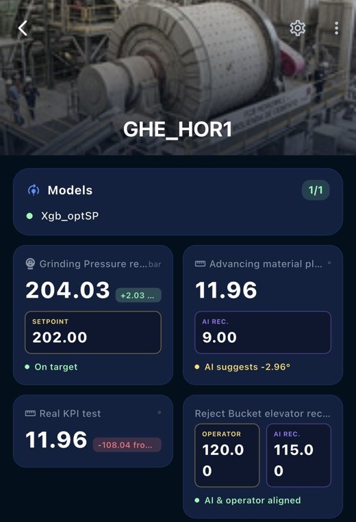 Wizata mobile app on a cement horomill: model running, grinding pressure on its set point, and AI recommendations next to the operator values
